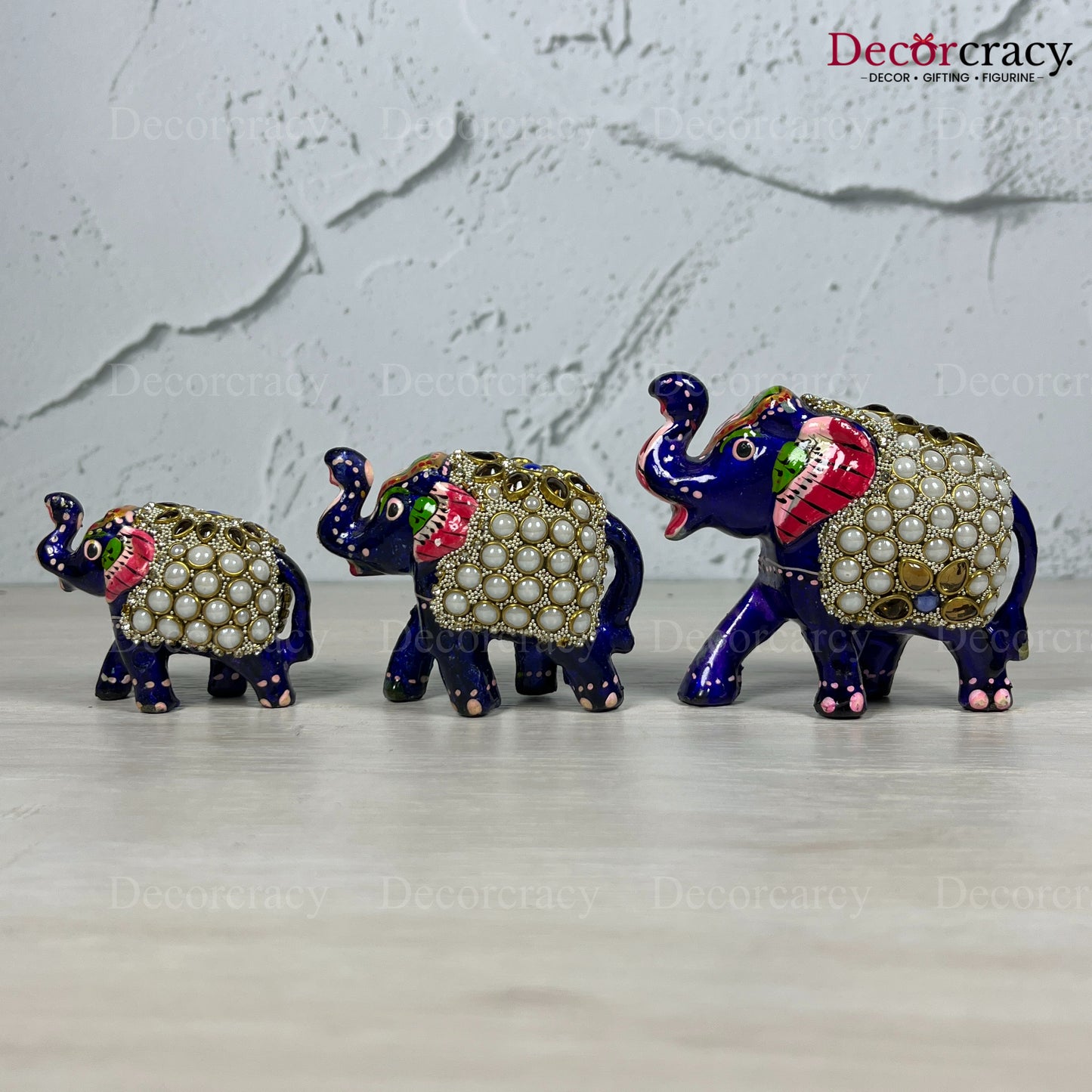 Elephant Stone 3Pc Acrylic Plastic Meenakari Art Hand Painted Animal Set Blue/Multi