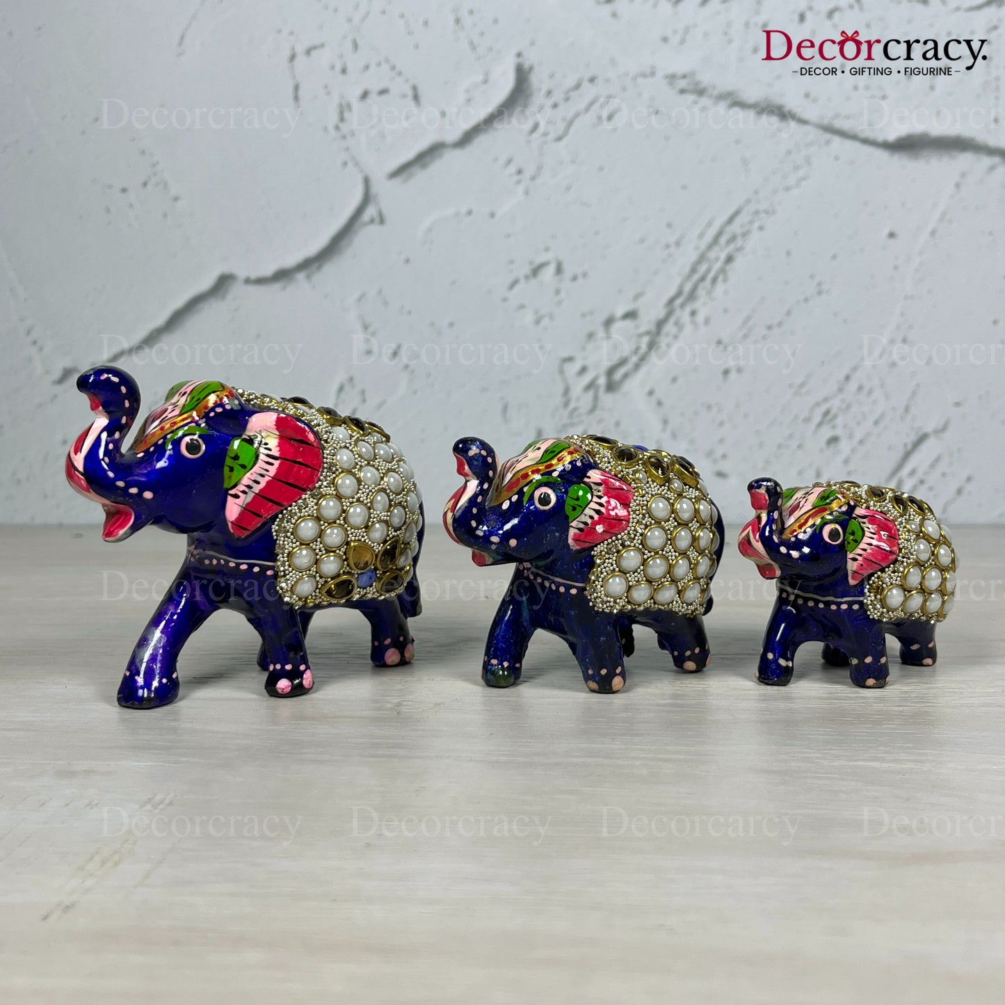 Elephant Stone 3Pc Acrylic Plastic Meenakari Art Hand Painted Animal Set Blue/Multi