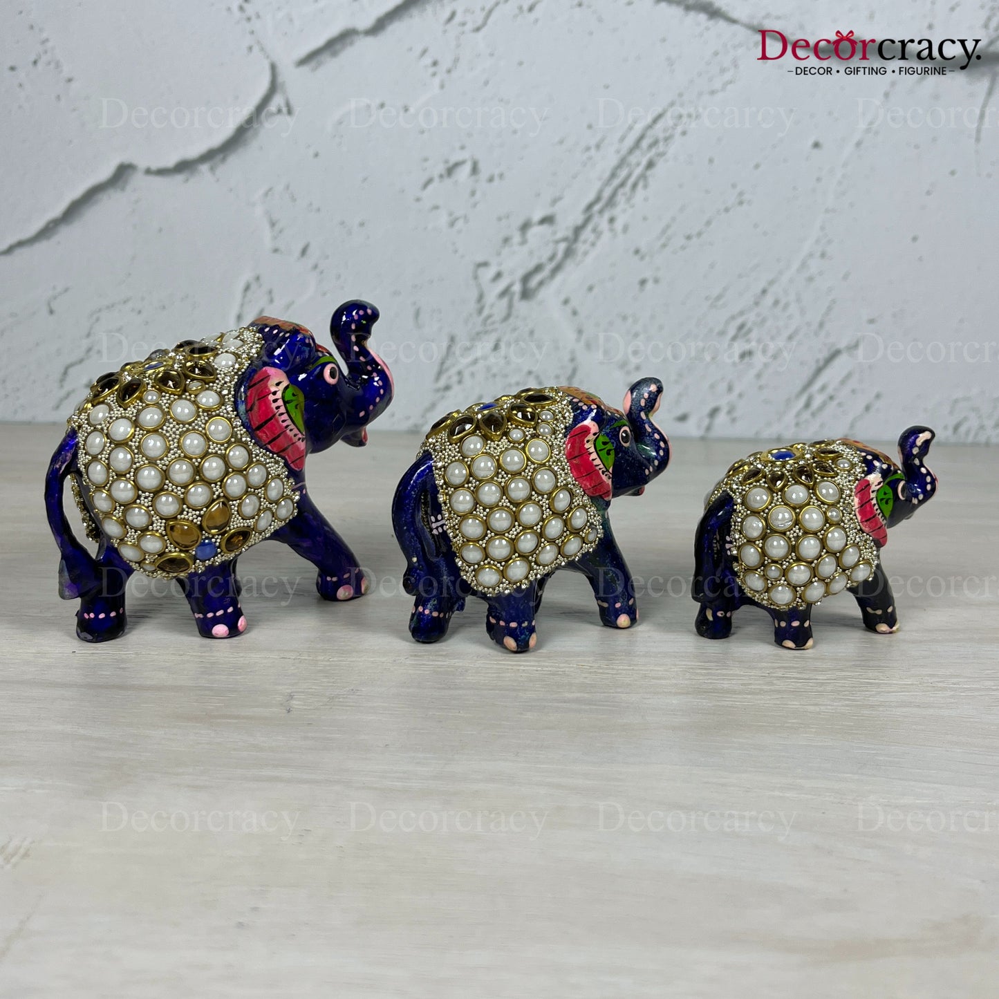 Elephant Stone 3Pc Acrylic Plastic Meenakari Art Hand Painted Animal Set Blue/Multi