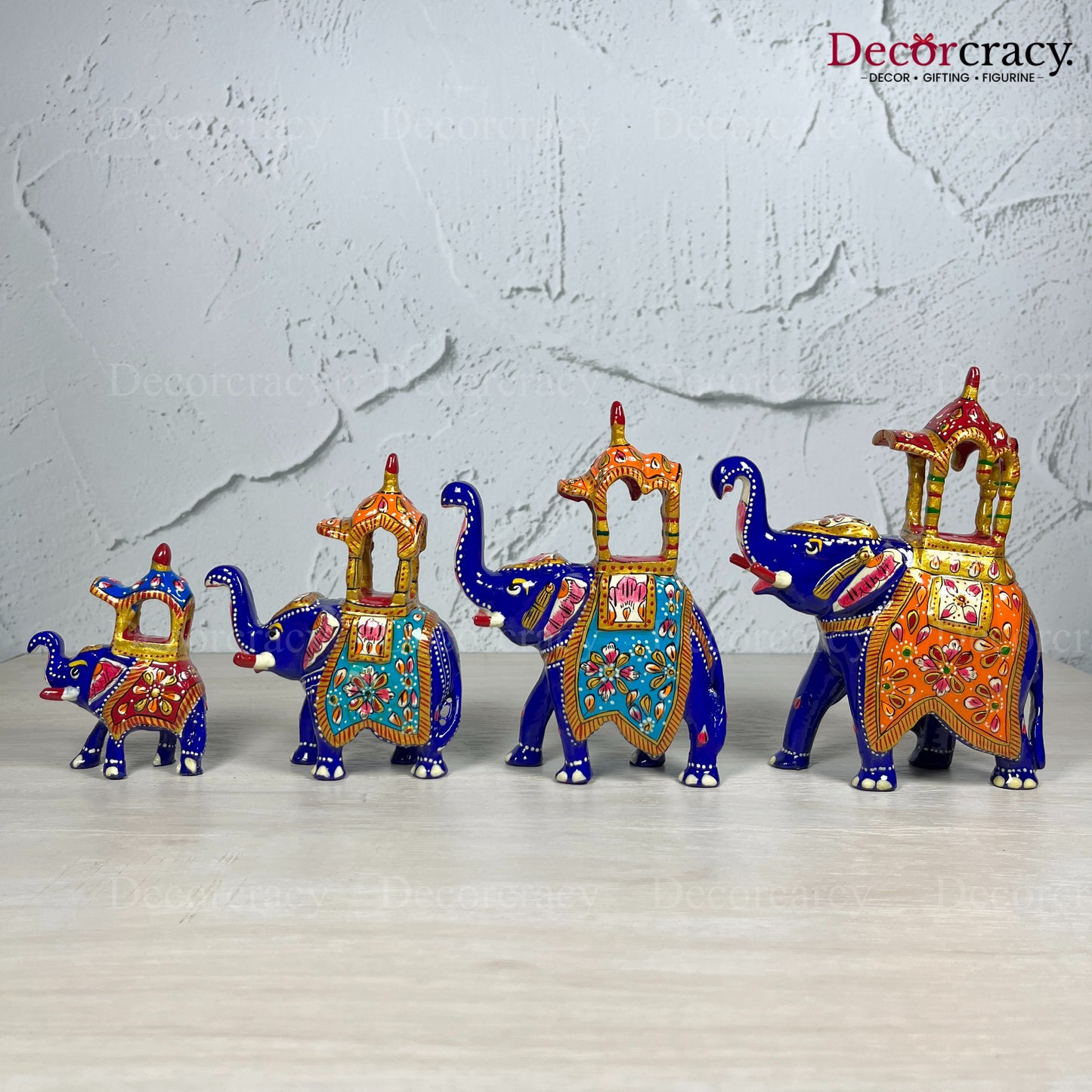 Elephant Ambabari 4Pc Metal Meenakari Art Hand Painted Animal Set Blue/Multi