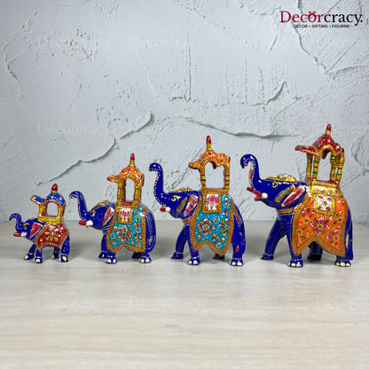 Elephant Ambabari 4Pc Metal Meenakari Art Hand Painted Animal Set Blue/Multi