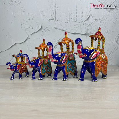 Elephant Ambabari 4Pc Metal Meenakari Art Hand Painted Animal Set Blue/Multi