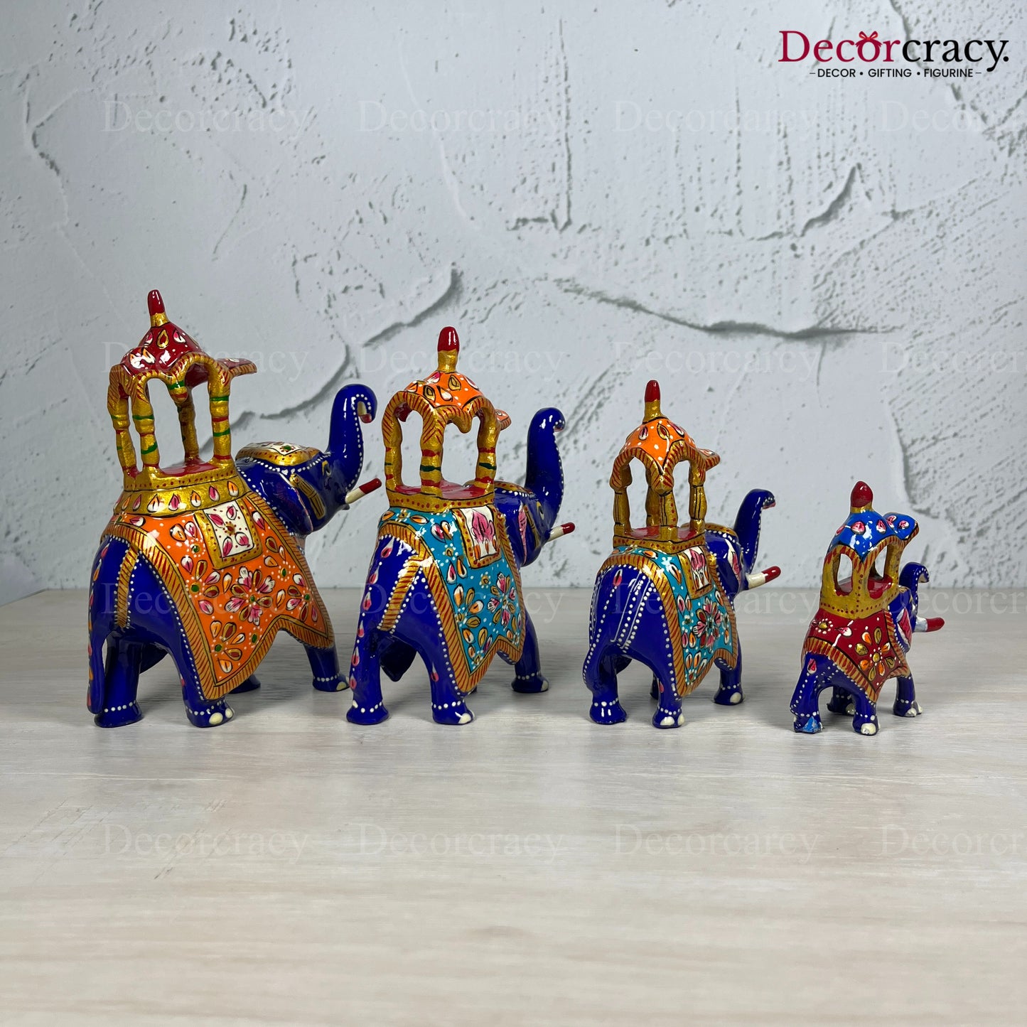 Elephant Ambabari 4Pc Metal Meenakari Art Hand Painted Animal Set Blue/Multi