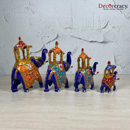 Elephant Ambabari 4Pc Metal Meenakari Art Hand Painted Animal Set Blue/Multi