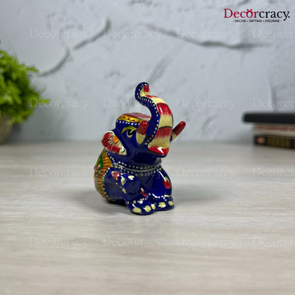 Elephant Sitting 1Pc Metal Meenakari Art Hand Painted Animal Set Blue/Multi