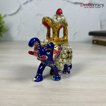 Elephant Ambabari Stone 1Pc Metal Meenakari Art Hand Painted Animal Set Blue/Multi Small