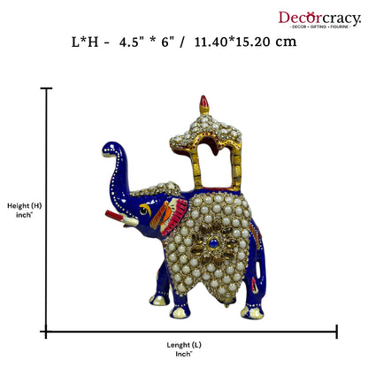 Elephant Ambabari Stone 1Pc Metal Meenakari Art Hand Painted Animal Set Blue/Multi Large