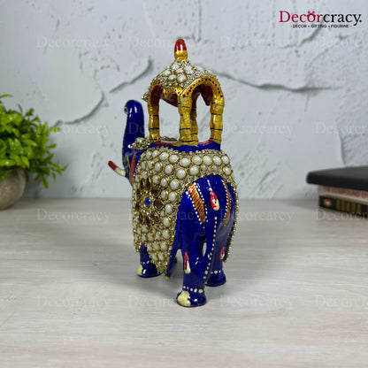 Elephant Ambabari Stone 1Pc Metal Meenakari Art Hand Painted Animal Set Blue/Multi Large