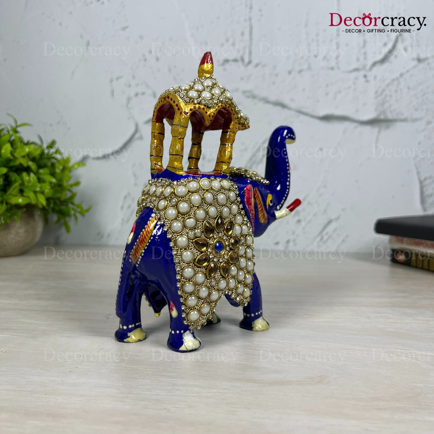 Elephant Ambabari Stone 1Pc Metal Meenakari Art Hand Painted Animal Set Blue/Multi Large