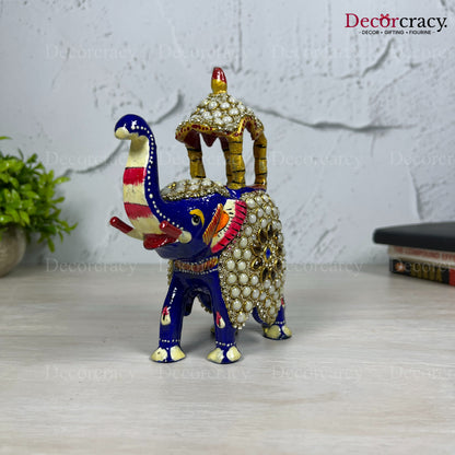 Elephant Ambabari Stone 1Pc Metal Meenakari Art Hand Painted Animal Set Blue/Multi Large
