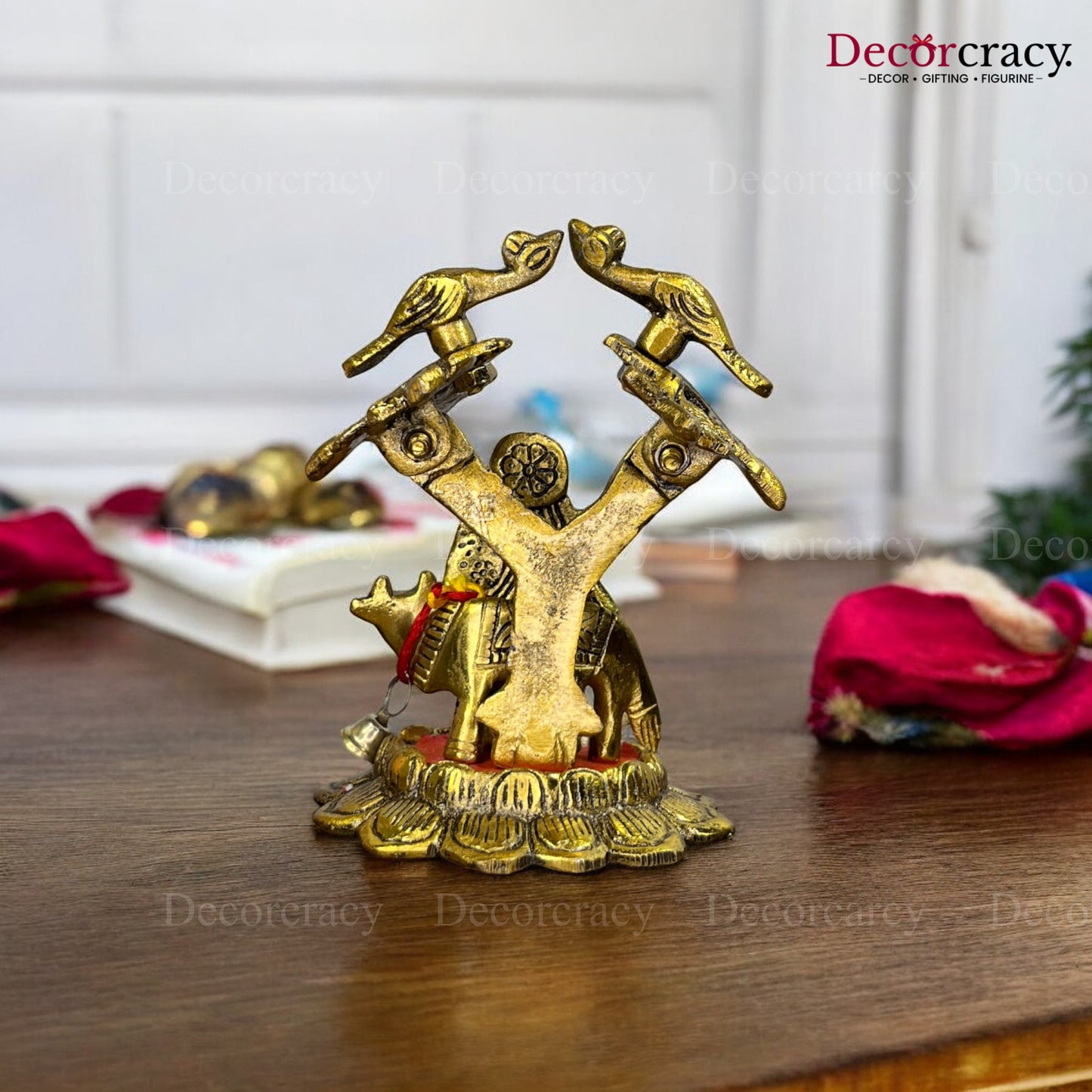 Shree Radha Krishna Cow Peacock Tree Metal golden