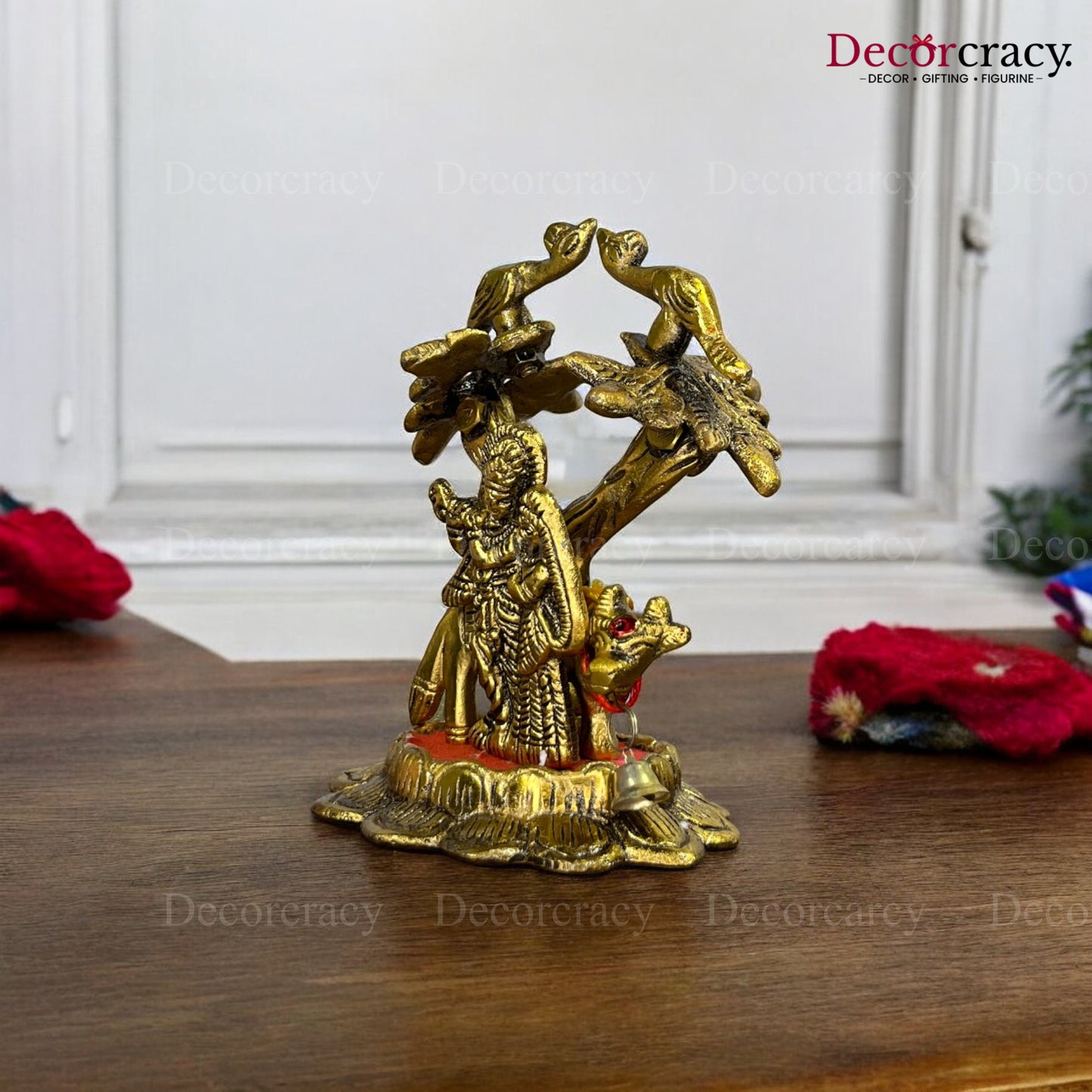 Shree Radha Krishna Cow Peacock Tree Metal golden