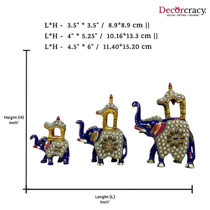 Elephant Ambabari Stone 3Pc Metal Meenakari Art Hand Painted Animal Set Blue/Multi