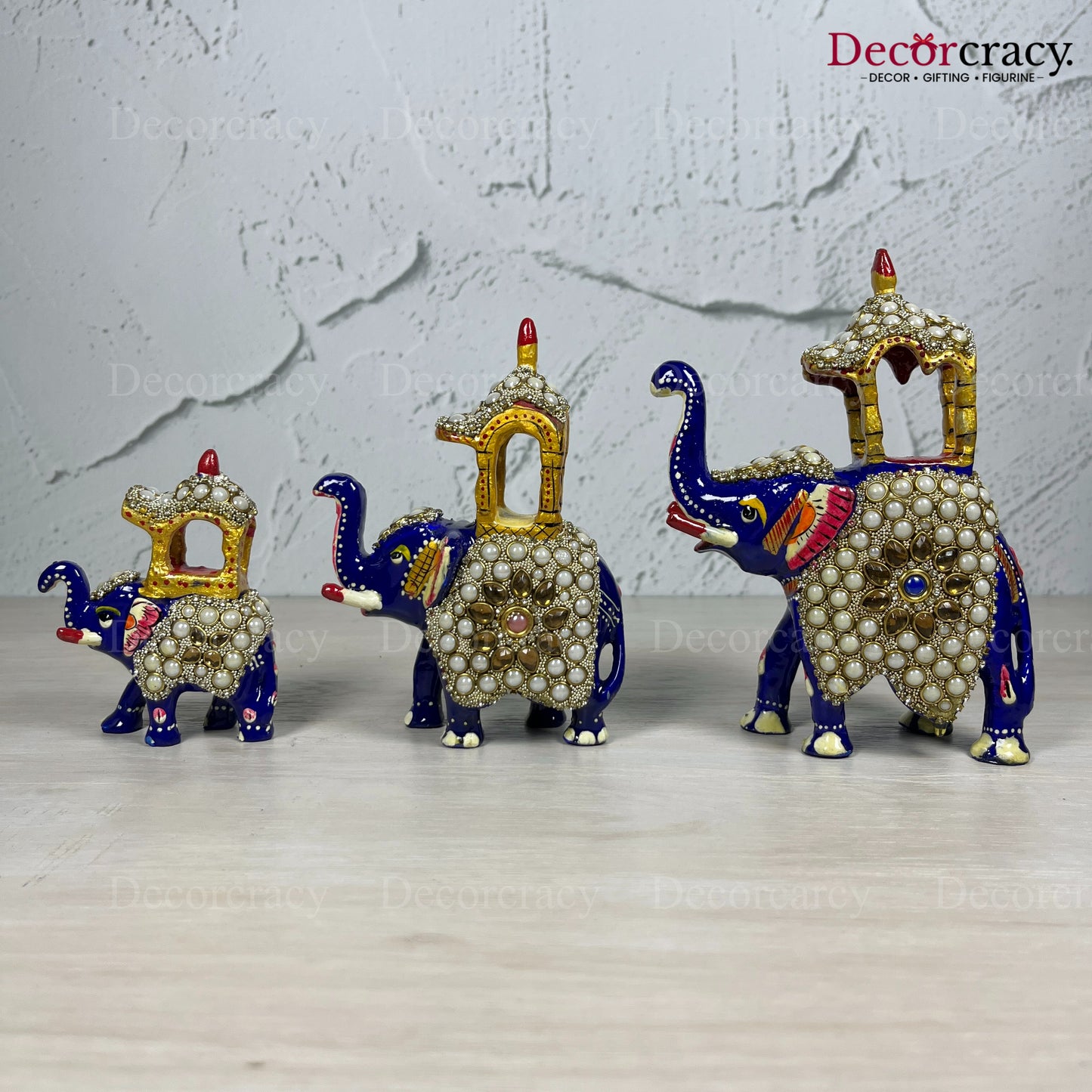 Elephant Ambabari Stone 3Pc Metal Meenakari Art Hand Painted Animal Set Blue/Multi