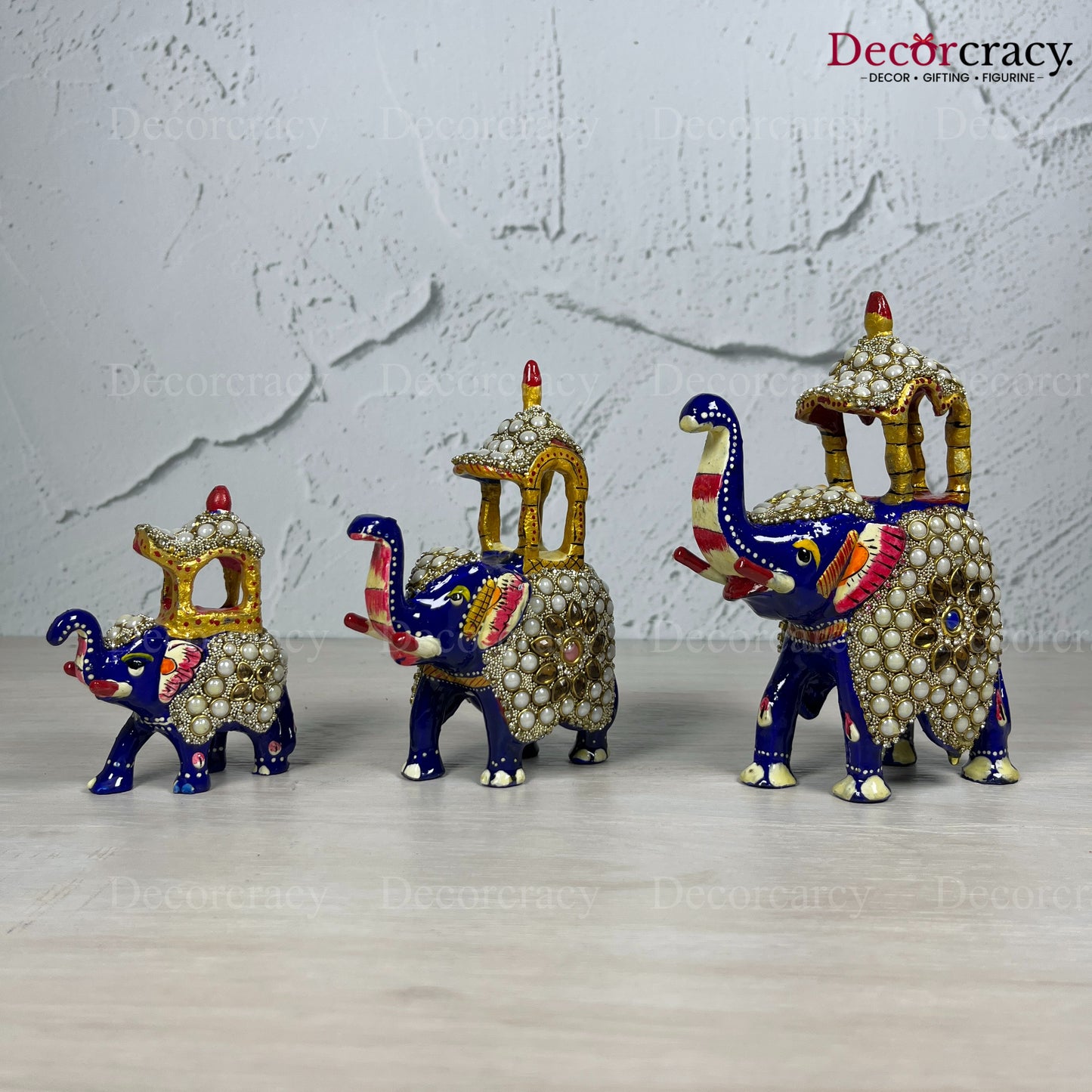 Elephant Ambabari Stone 3Pc Metal Meenakari Art Hand Painted Animal Set Blue/Multi