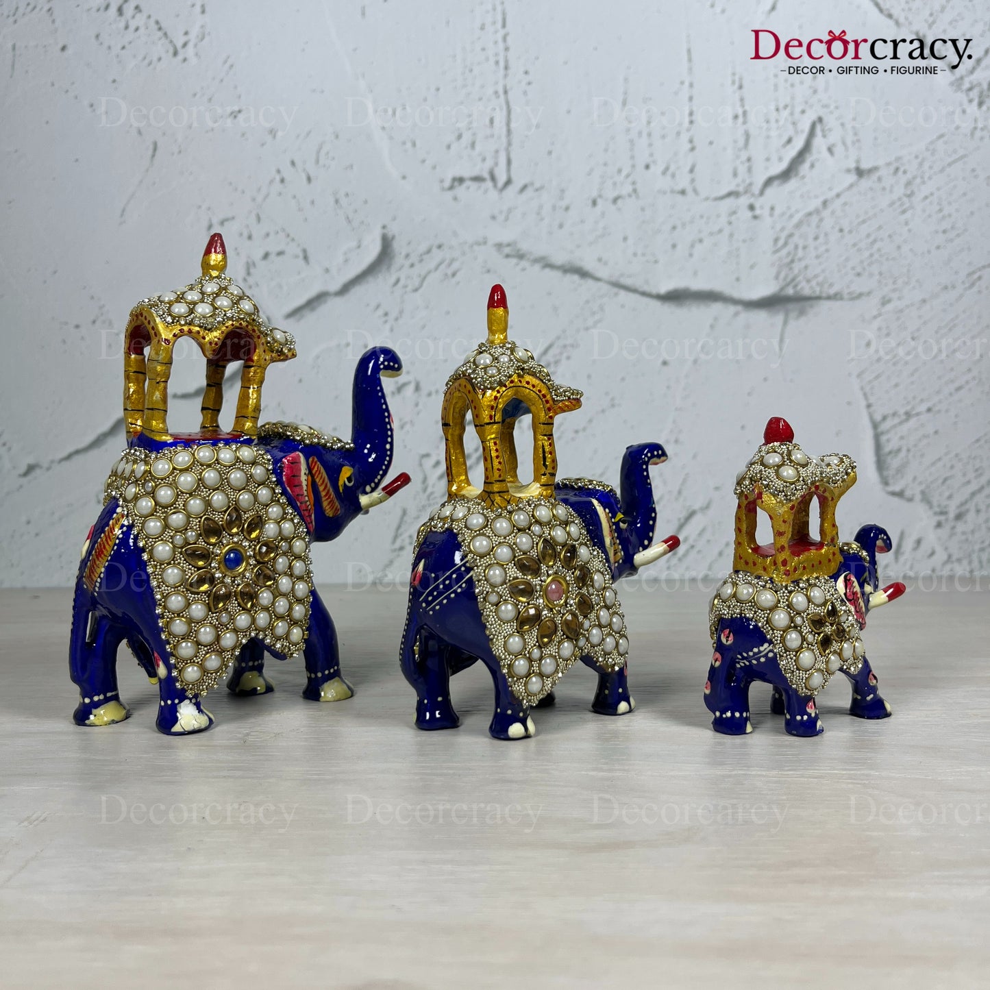 Elephant Ambabari Stone 3Pc Metal Meenakari Art Hand Painted Animal Set Blue/Multi