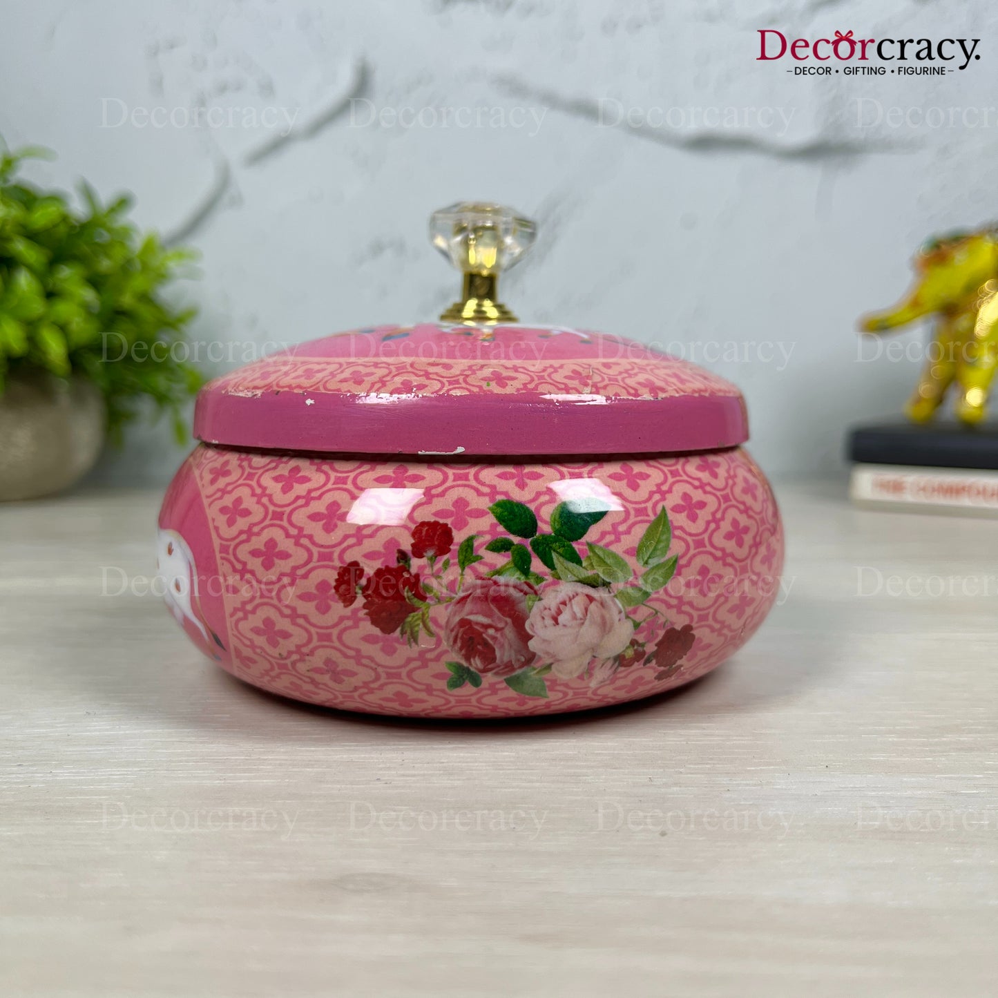 Decorative Storage Jar Metal Pink/Multi Cow Design