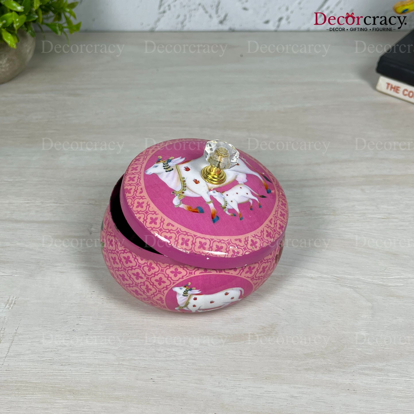 Decorative Storage Jar Metal Pink/Multi Cow Design