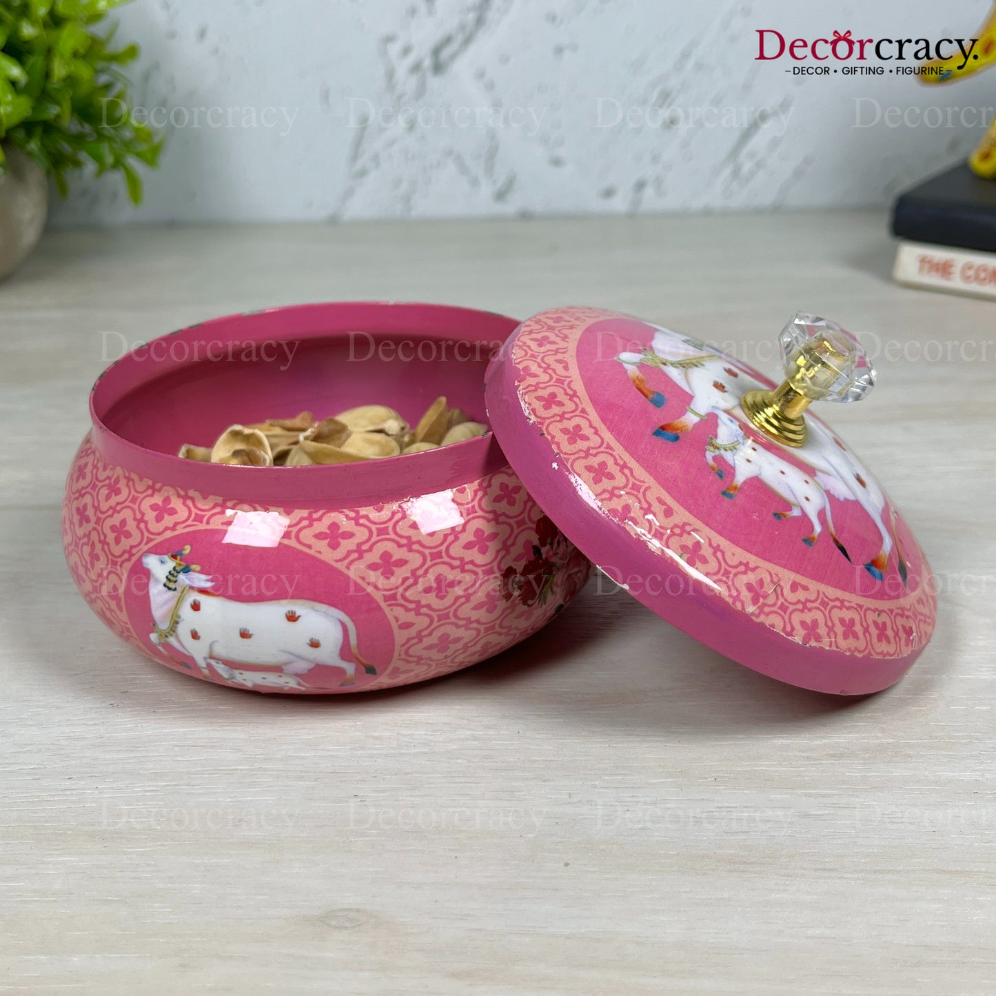 Decorative Storage Jar Metal Pink/Multi Cow Design