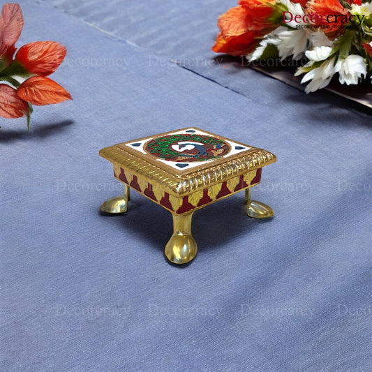 Meenakari Pooja Chowki 4" Wooden Golden/Multi