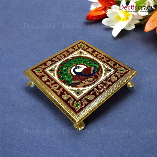 Meenakari Pooja Chowki 8" Wooden Golden/Multi