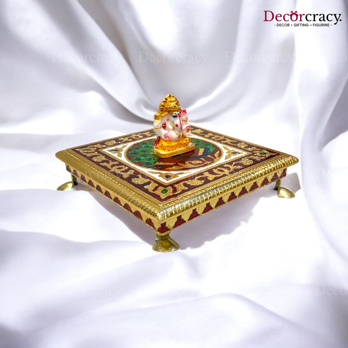 Meenakari Pooja Chowki 8" Wooden Golden/Multi