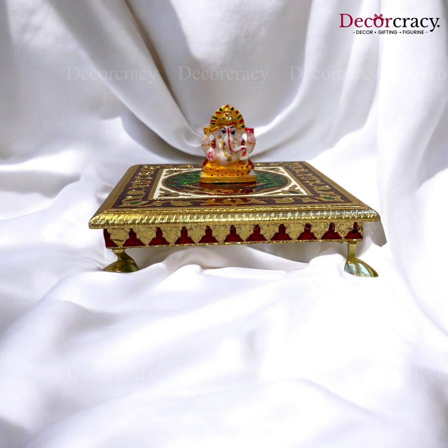 Meenakari Pooja Chowki 8" Wooden Golden/Multi