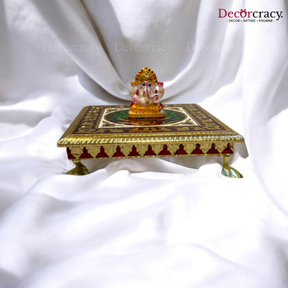 Meenakari Pooja Chowki 8" Wooden Golden/Multi