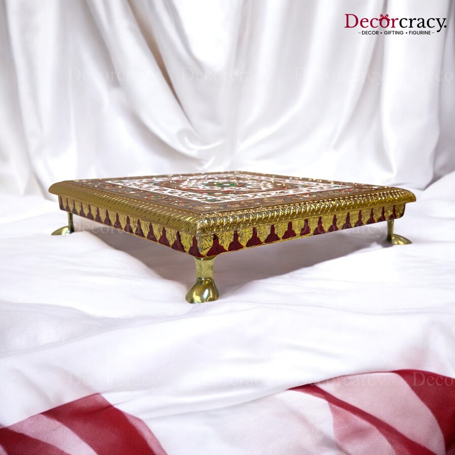 Meenakari Pooja Chowki 8" Wooden Golden/Multi