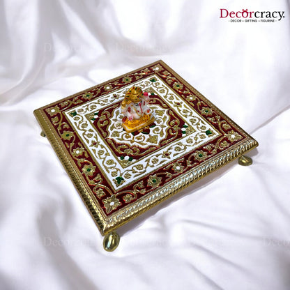 Meenakari Pooja Chowki 10" Wooden Golden/Multi