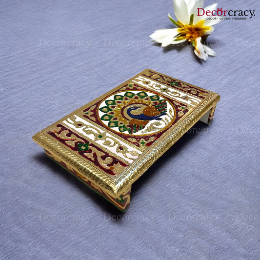 Meenakari Rajwadi Patla Chowki for Pooja 6*10" Wooden Golden/Multi