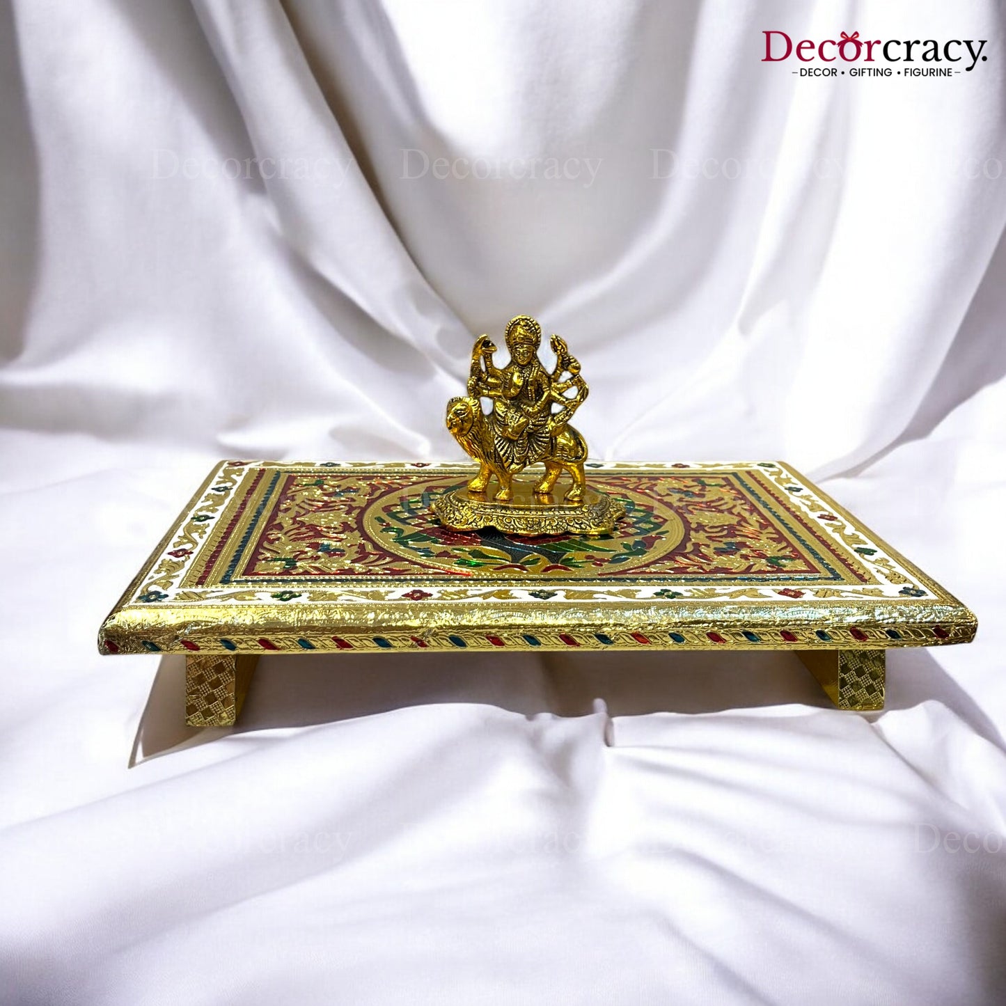 Meenakari Rajwadi Patla Chowki for Pooja 10*15" Wooden Golden/Multi