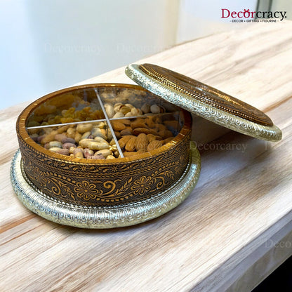 Round 4 Partition Dry Fruit Mukhwas Oxidized Box Wooden