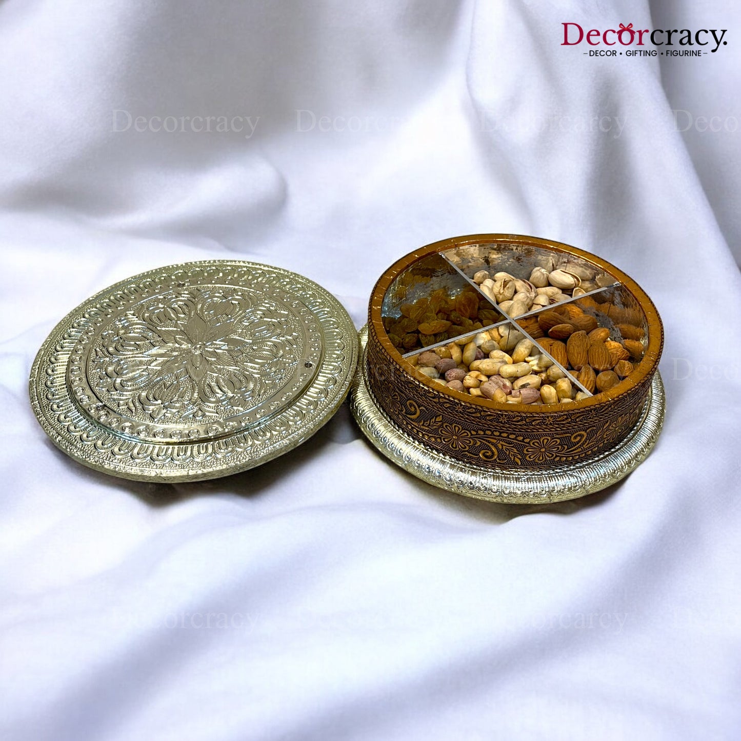 Round 4 Partition Dry Fruit Mukhwas Oxidized Box Wooden