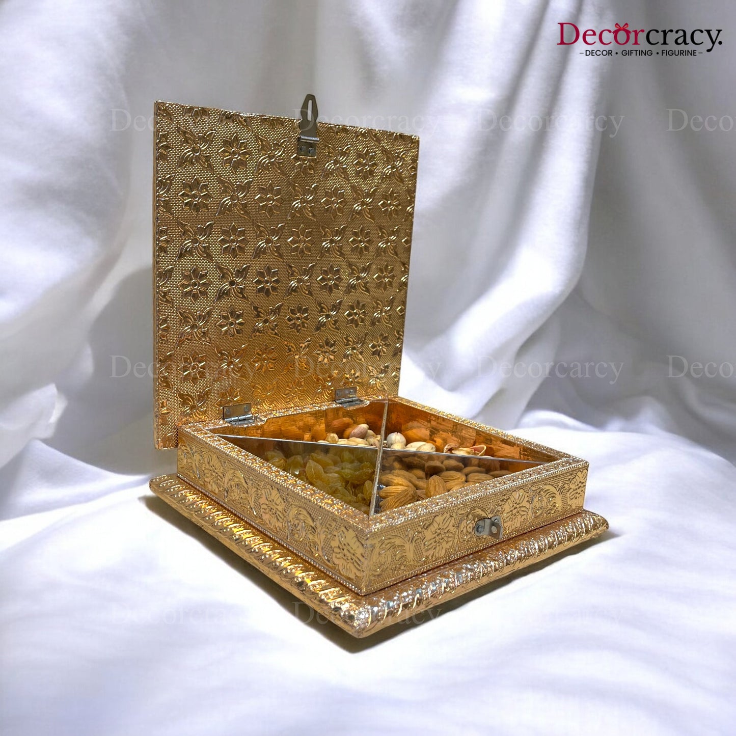 Golden 4 Partition Dry Fruit Mukhwas Box Fine Quality Wooden 8"