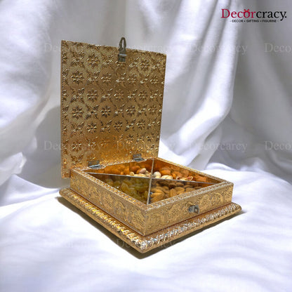 Golden 4 Partition Dry Fruit Mukhwas Box Fine Quality Wooden 8"
