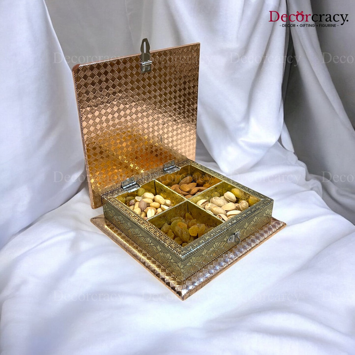 Rose Gold 4 Partition Dry Fruit Mukhwas Box Wooden 7"