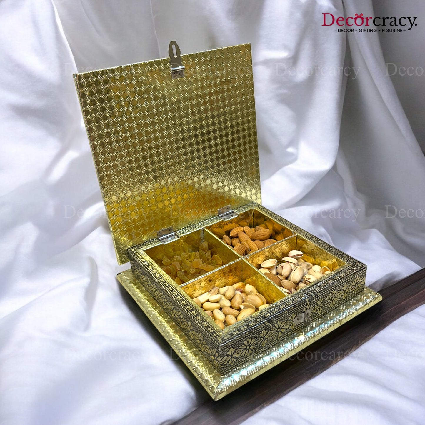Antique Gold 4 Partition Dry Fruit Mukhwas Box Wooden 8"