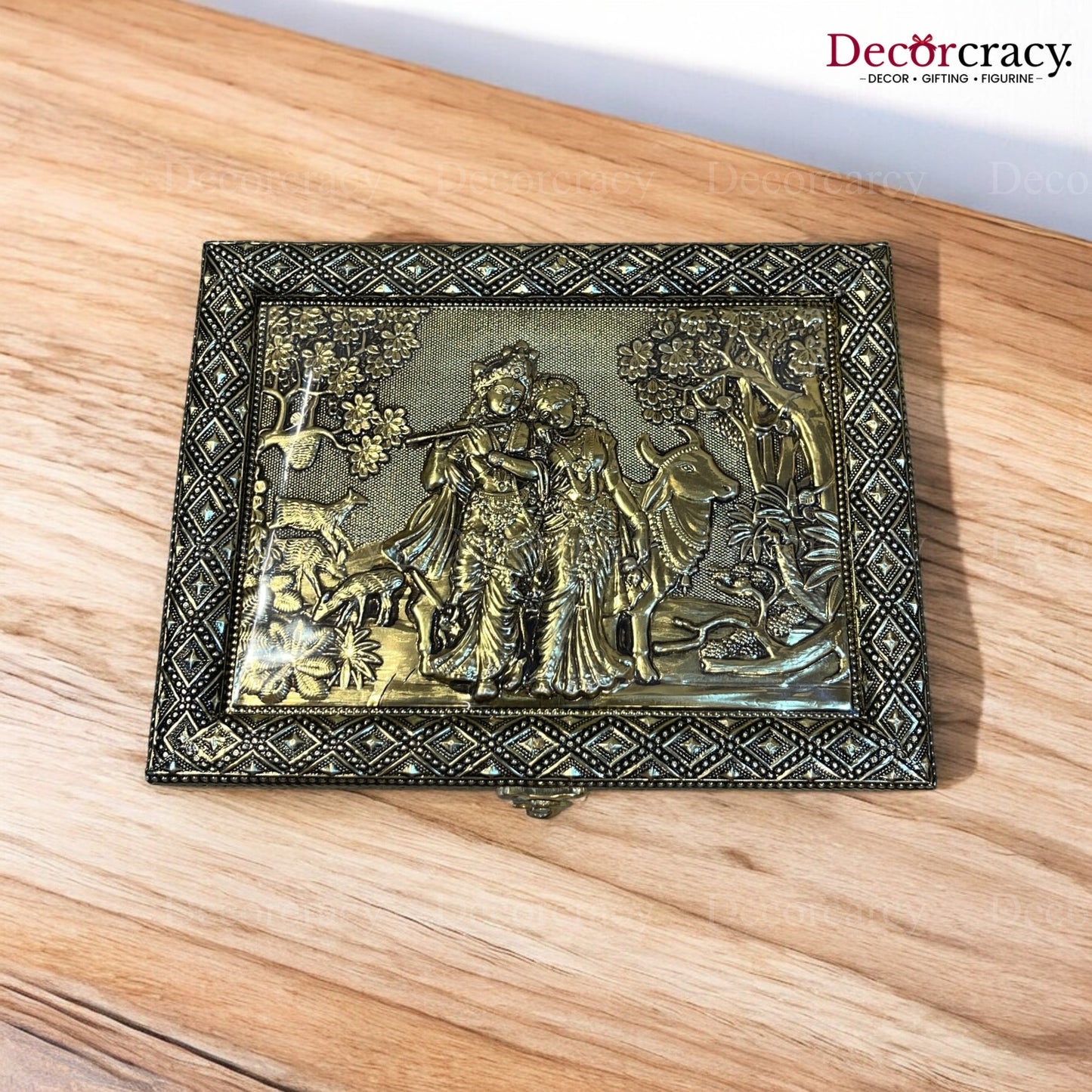 Radha Krishna 4 Partition Dry Fruit Mukhwas Oxidized Box Wooden 7*9"