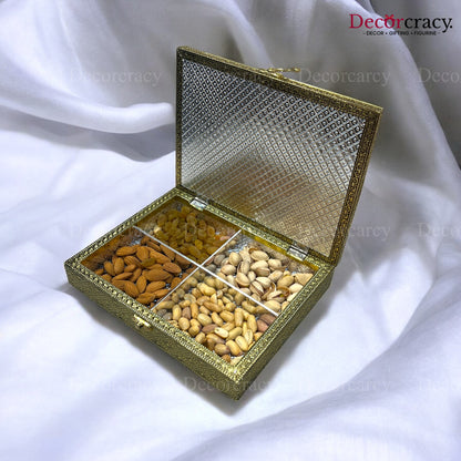 Radha Krishna 4 Partition Dry Fruit Mukhwas Oxidized Box Wooden 7*9"