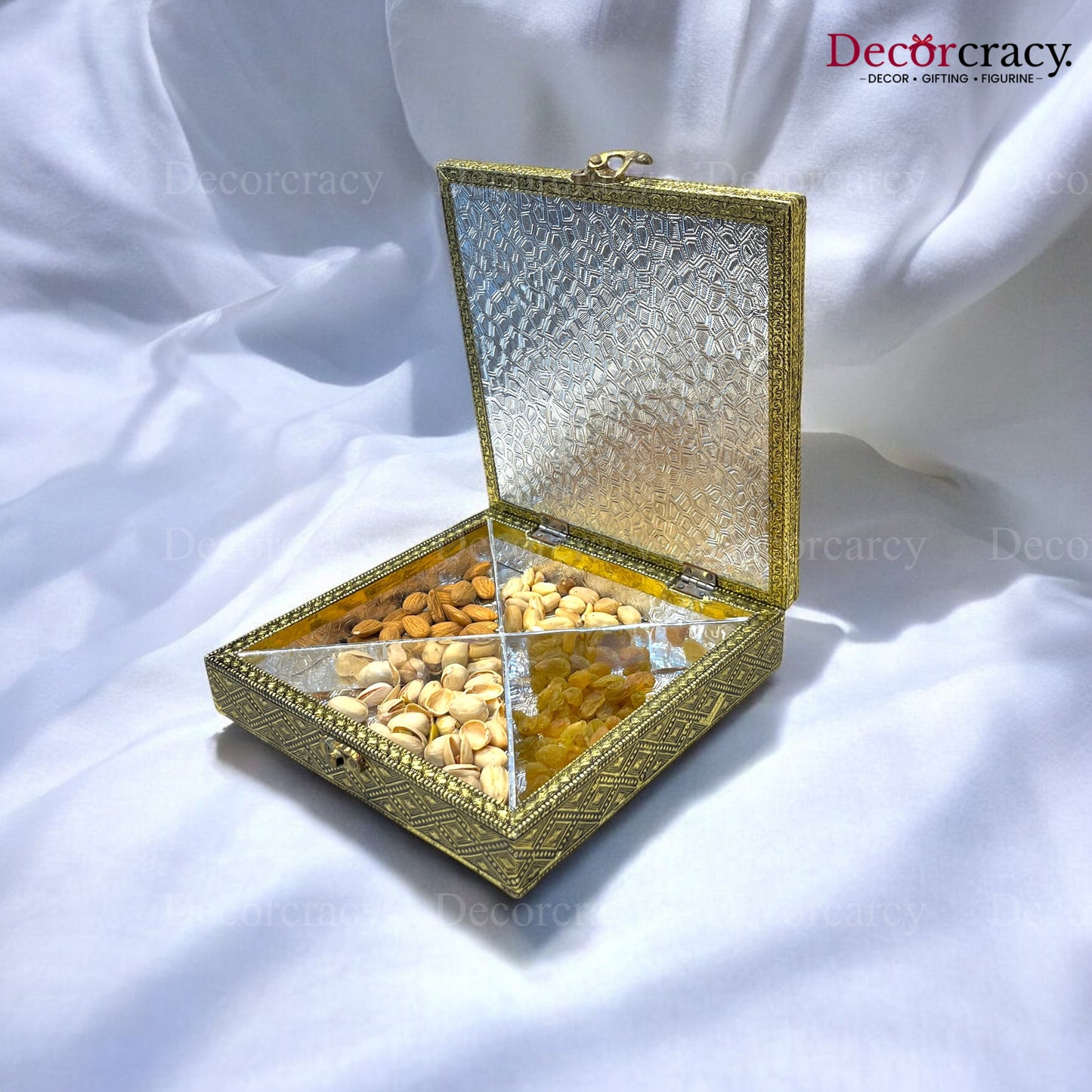 Peacock 4 Partition Dry Fruit Mukhwas Oxidized Box Wooden 8"