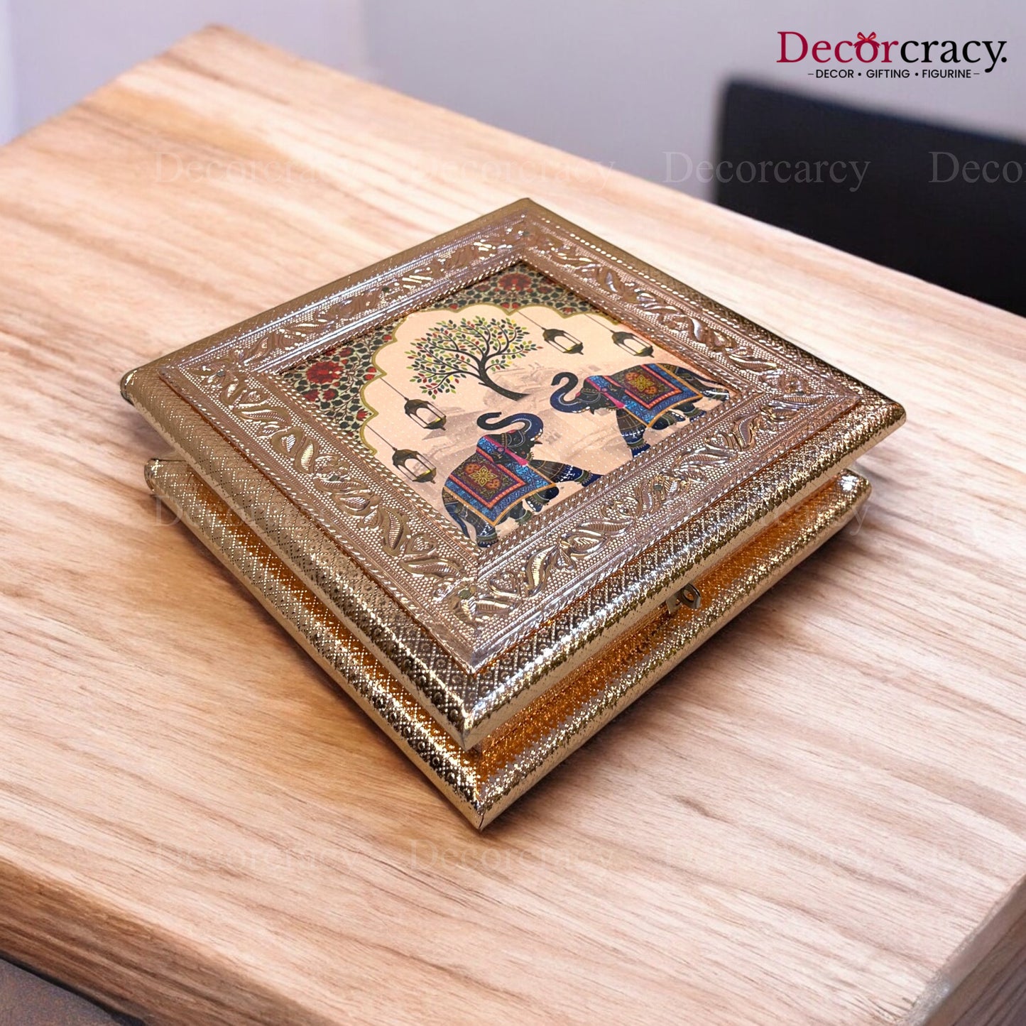 Rajasthan Print 4 Partition Dry Fruit Mukhwas Box Rose Gold Wooden 8"