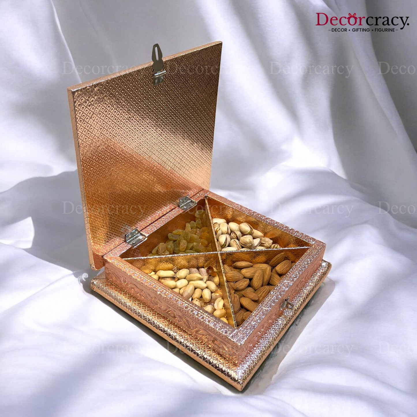 Rajasthan Print 4 Partition Dry Fruit Mukhwas Box Rose Gold Wooden 8"