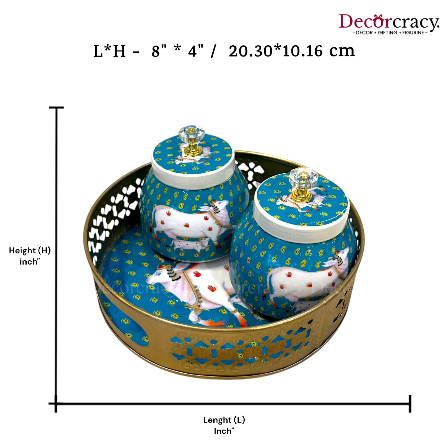 2 Jar Cow Printed Dry Fruit Mukhwas Box Antique Golden Metal 8"