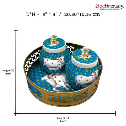 2 Jar Cow Printed Dry Fruit Mukhwas Box Antique Golden Metal 8"