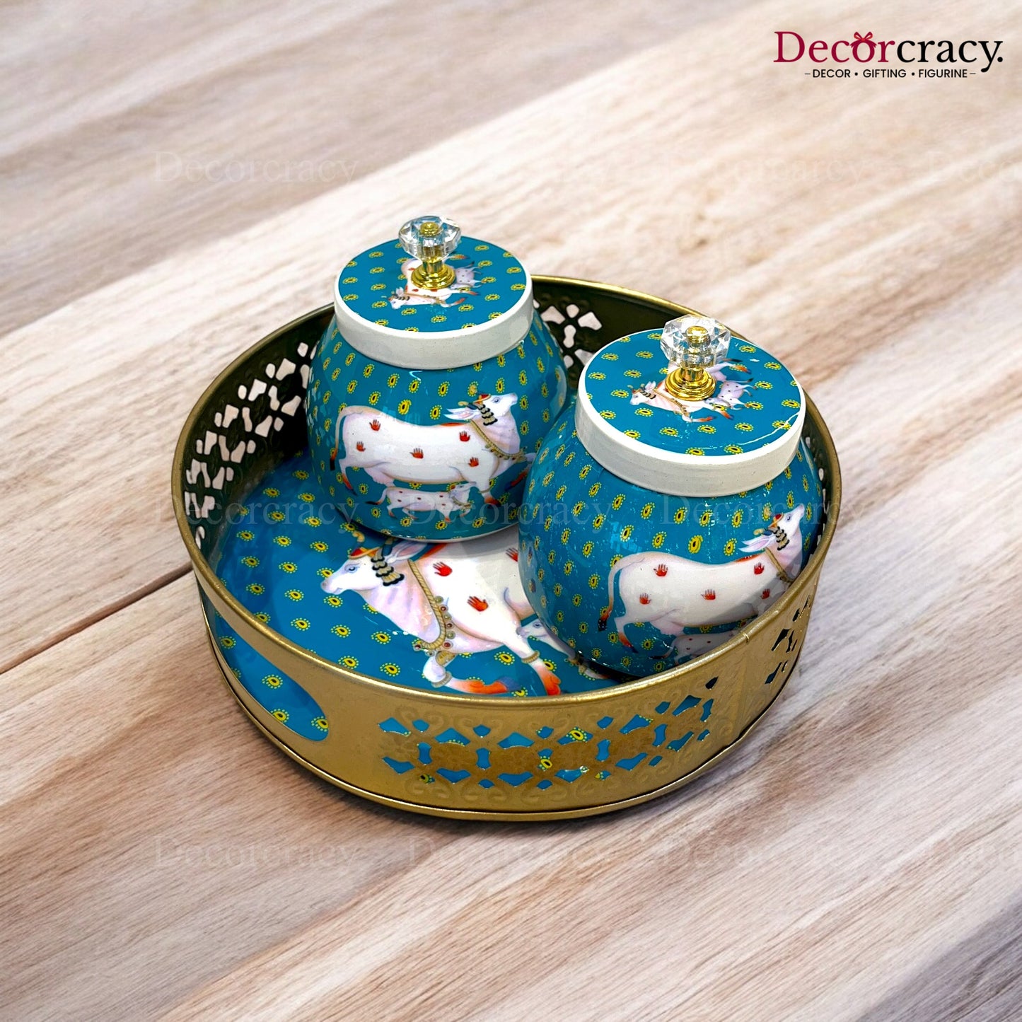 2 Jar Cow Printed Dry Fruit Mukhwas Box Antique Golden Metal 8"