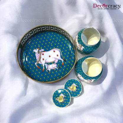 2 Jar Cow Printed Dry Fruit Mukhwas Box Antique Golden Metal 8"