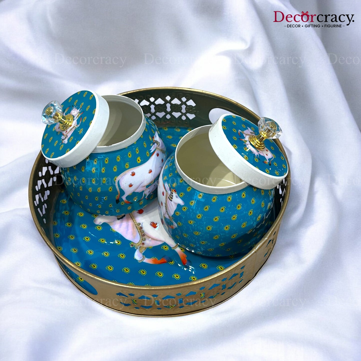2 Jar Cow Printed Dry Fruit Mukhwas Box Antique Golden Metal 8"