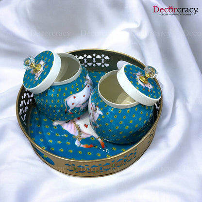 2 Jar Cow Printed Dry Fruit Mukhwas Box Antique Golden Metal 8"