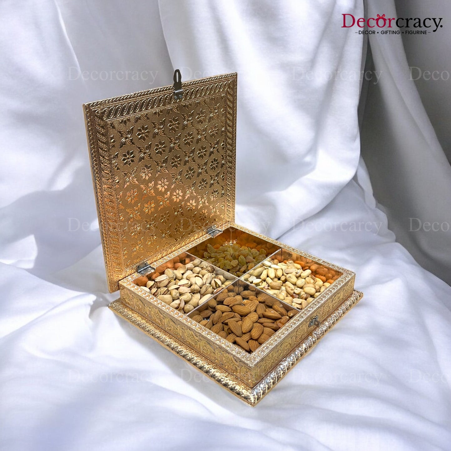 Golden 4 Partition Dry Fruit Mukhwas Box Fine Quality Wooden 10"